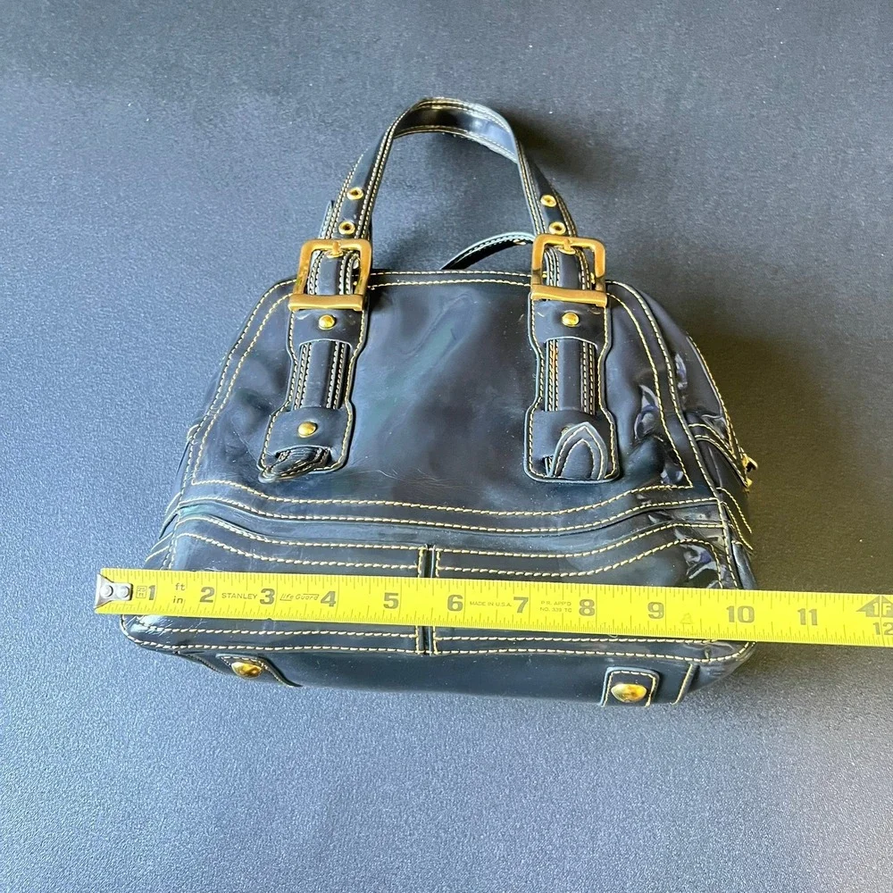 Maxx NY Gray Patent Satchel Handbag Bowler Bag Gold Buckle 90s Y2k Indie Sleaze